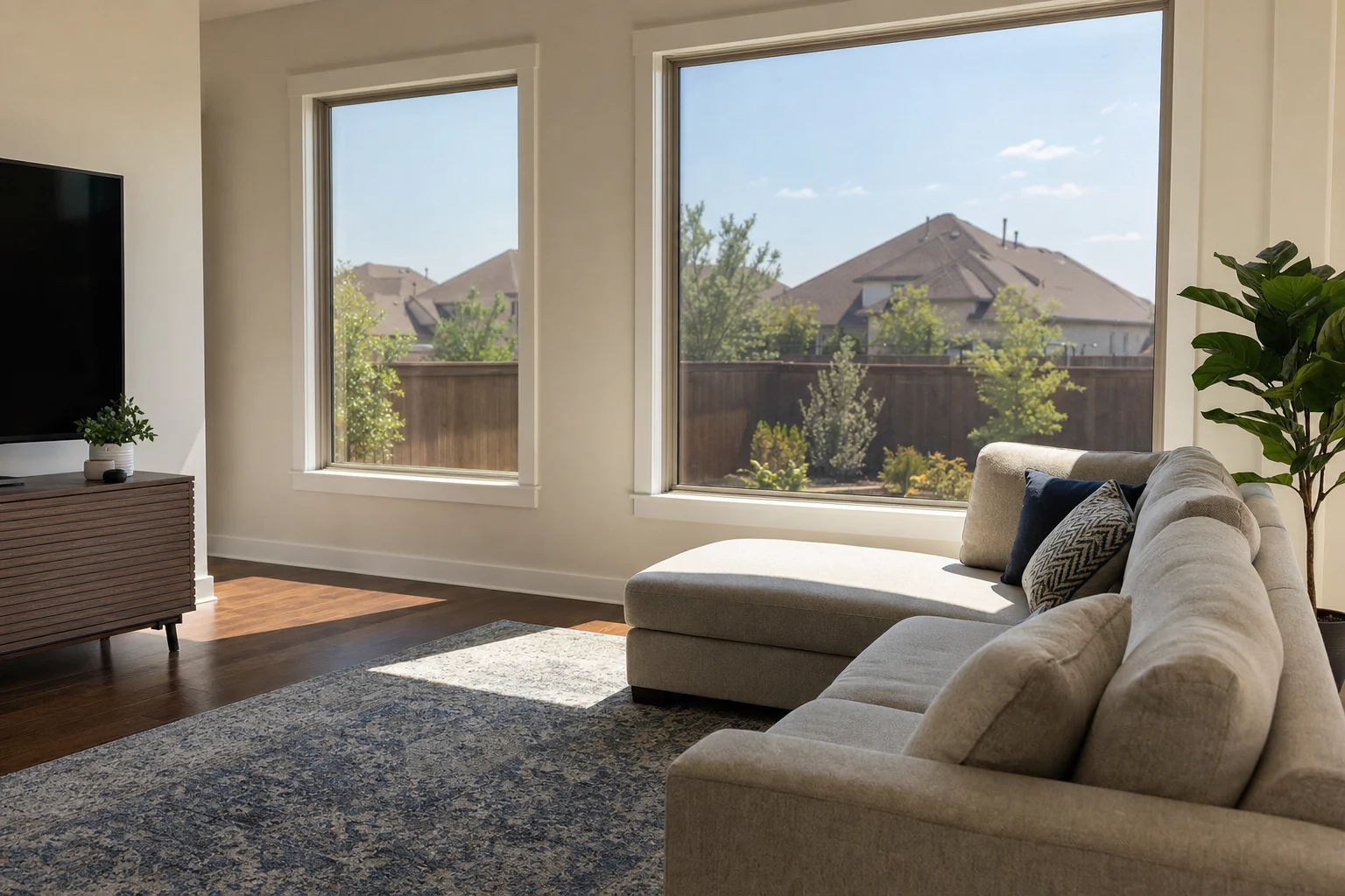 A living room with window film protecting the floor and furniture from fading
