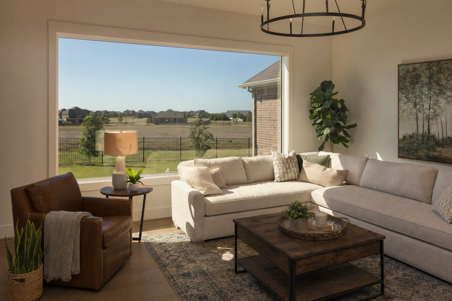 A finished living room with window film on its large picture window