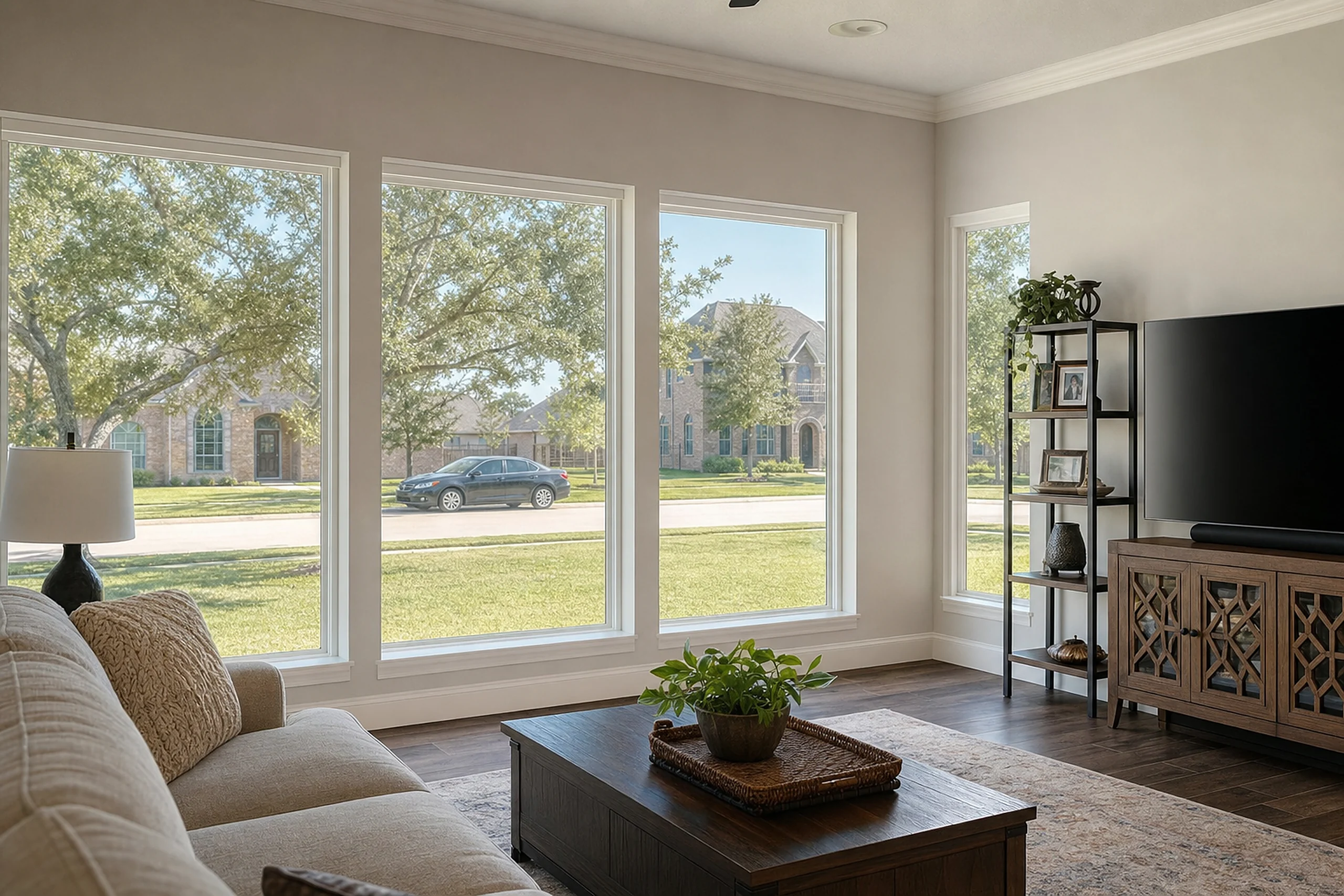 A bright North Texas living room with window film on its tall windows