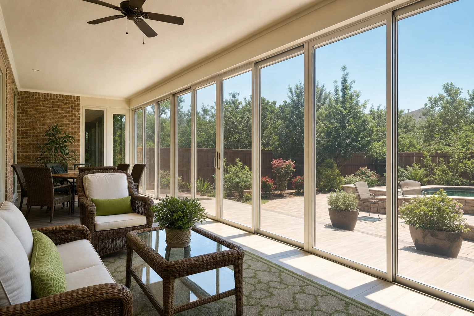 A sunroom with sliding glass doors onto a Texas patio, window film keeping the glare down